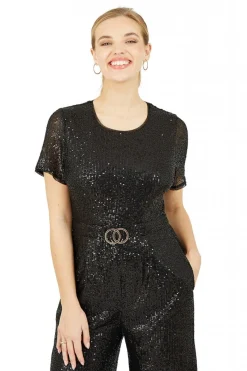 Jumpsuits^Yumi Sequin Jumpsuit Gold Buckle Detail Belt Black
