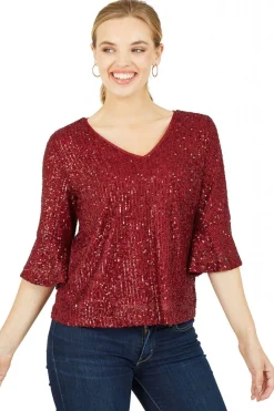 Blouses^Yumi Sequin Top With Fluted Sleeve Red