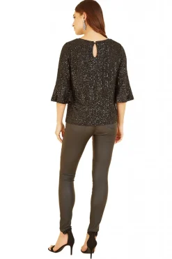 Blouses^Yumi Sequin Top With Fluted Sleeve Black