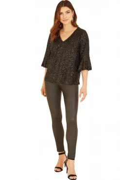 Blouses^Yumi Sequin Top With Fluted Sleeve Black
