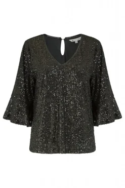 Blouses^Yumi Sequin Top With Fluted Sleeve Black