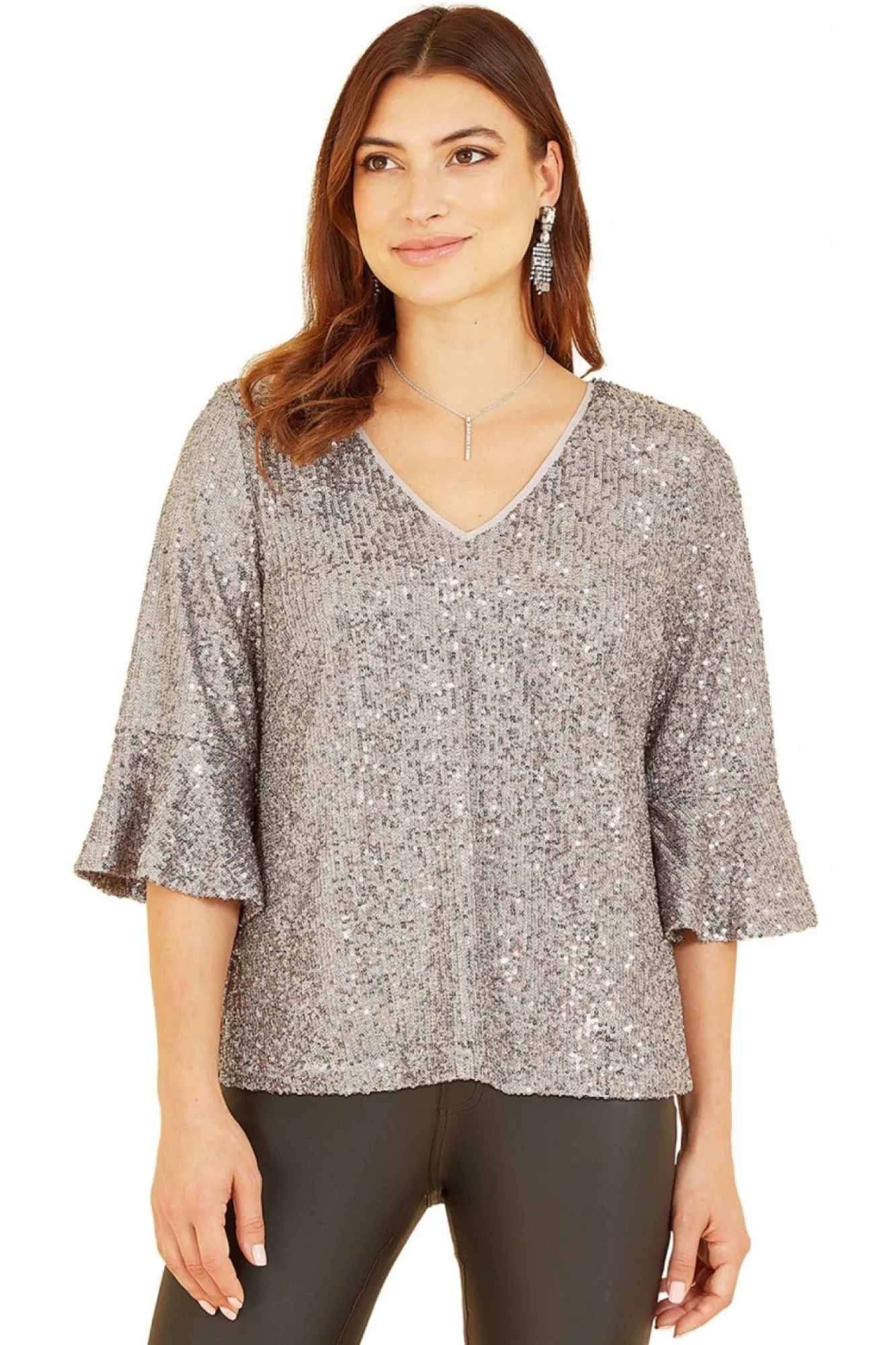 Blouses^Yumi Sequin Top With Fluted Sleeve Silver