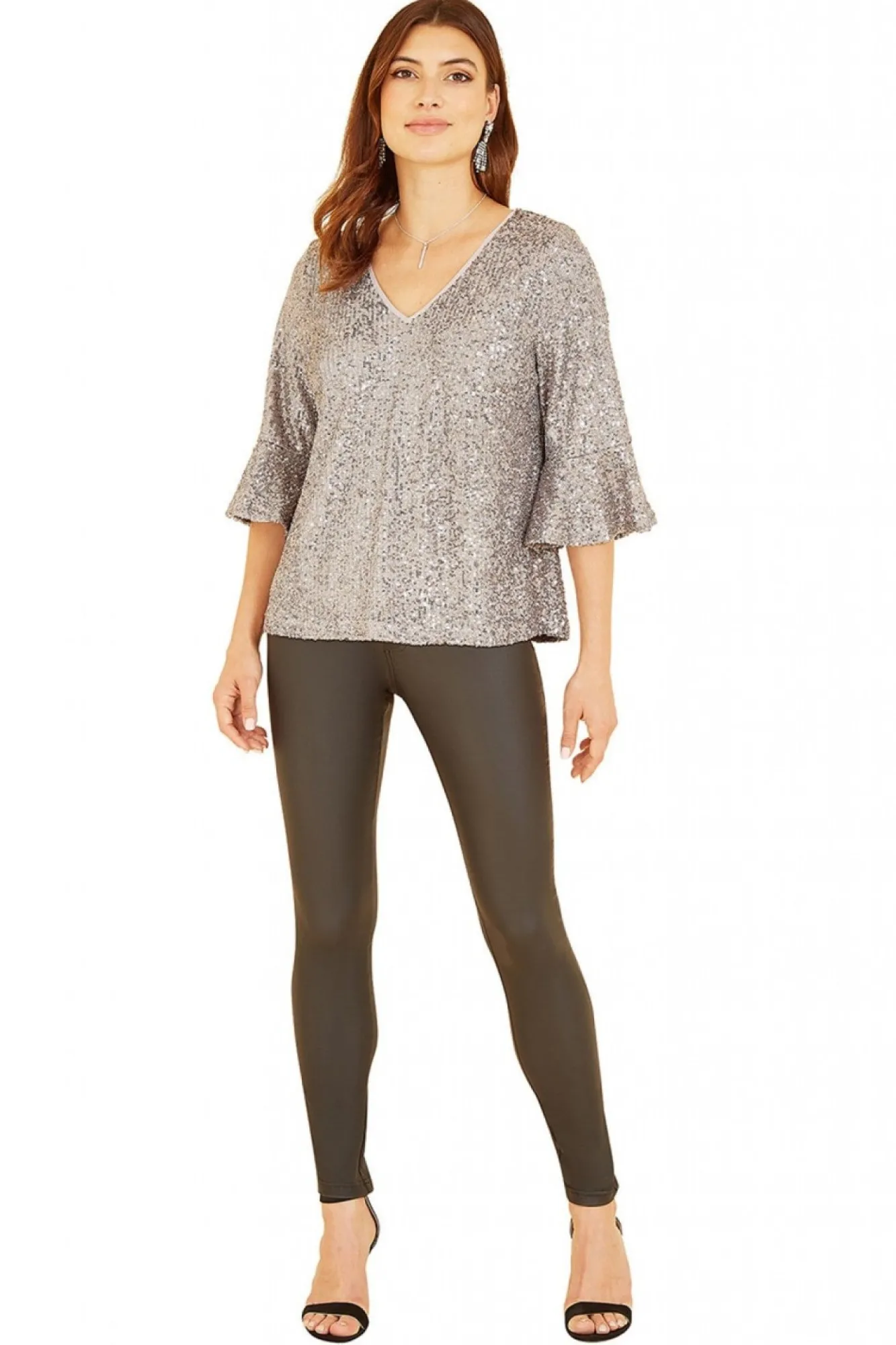 Blouses^Yumi Sequin Top With Fluted Sleeve Silver