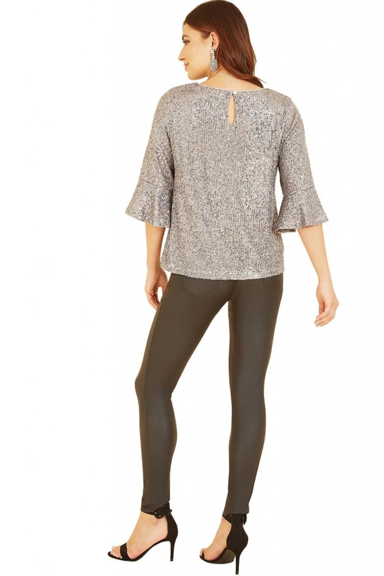 Blouses^Yumi Sequin Top With Fluted Sleeve Silver