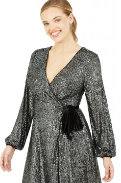 Mini Dresses^Yumi Sequin Wrap Dress With Velvet Tie Black