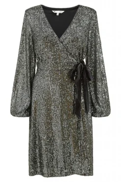 Mini Dresses^Yumi Sequin Wrap Dress With Velvet Tie Black