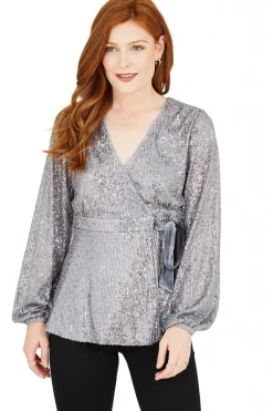 Blouses^Yumi Sequin Wrap Top Silver