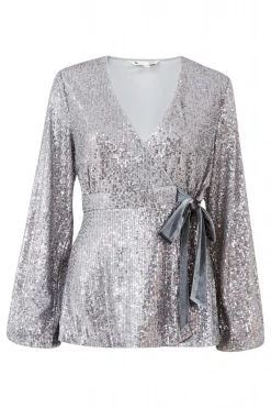 Blouses^Yumi Sequin Wrap Top Silver