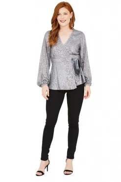 Blouses^Yumi Sequin Wrap Top Silver