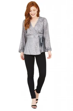 Blouses^Yumi Sequin Wrap Top Silver