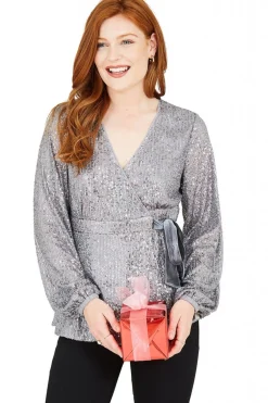 Blouses^Yumi Sequin Wrap Top Silver