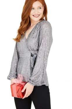 Blouses^Yumi Sequin Wrap Top Silver