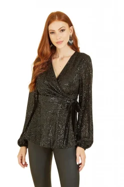 Blouses^Yumi Sequin Wrap Top With Velvet Tie Black