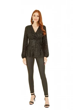 Blouses^Yumi Sequin Wrap Top With Velvet Tie Black