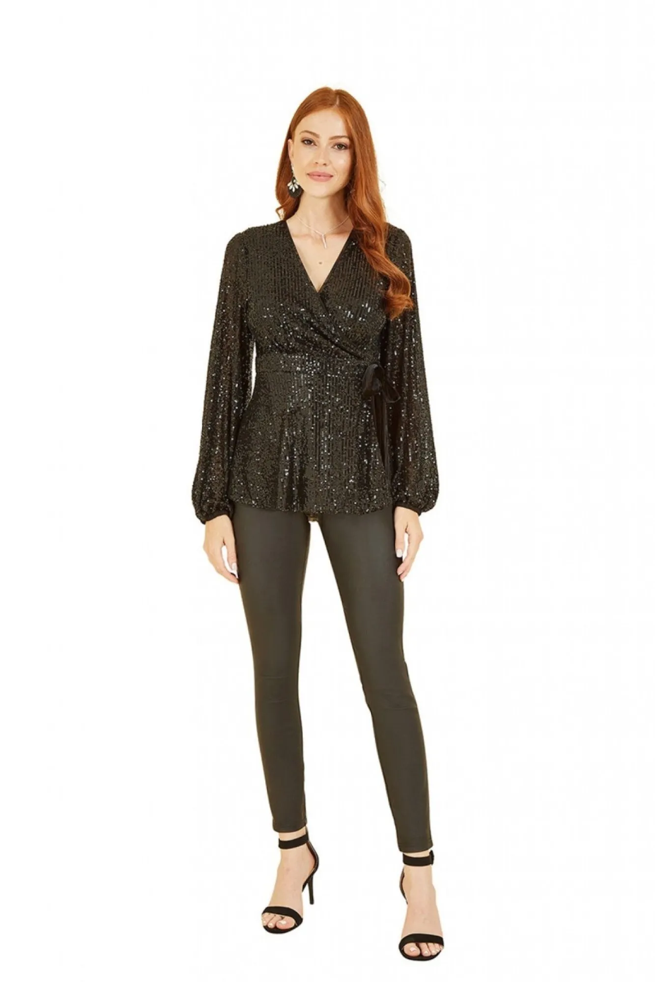 Blouses^Yumi Sequin Wrap Top With Velvet Tie Black