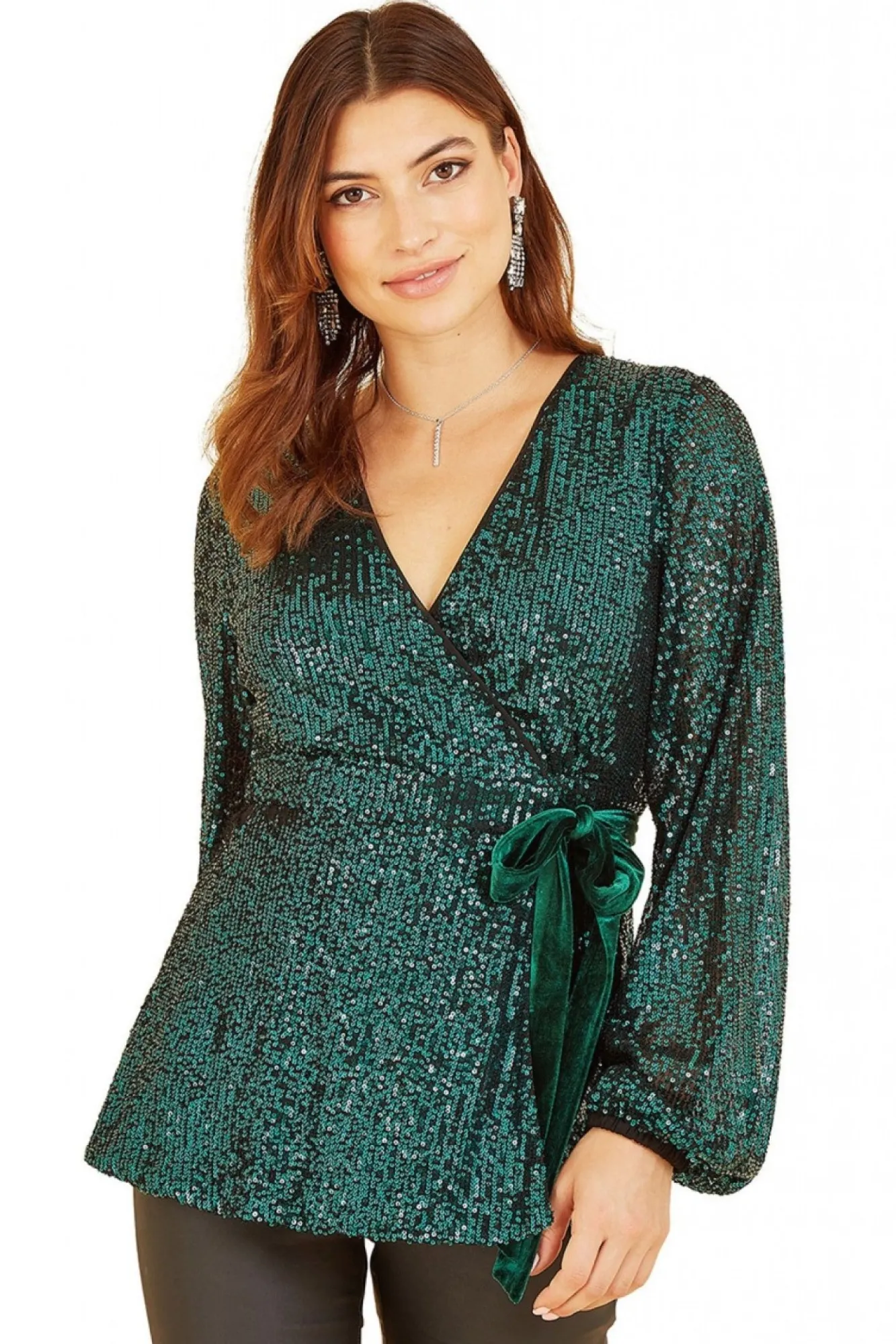 Blouses^Yumi Sequin Wrap Top With Velvet Tie Green