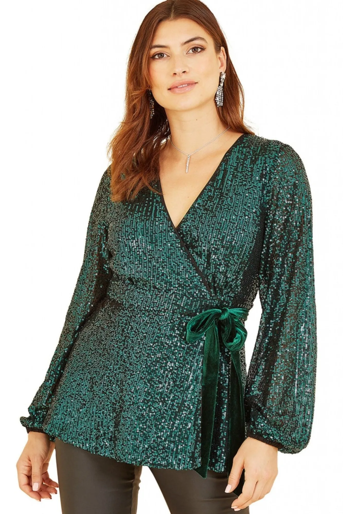 Blouses^Yumi Sequin Wrap Top With Velvet Tie Green