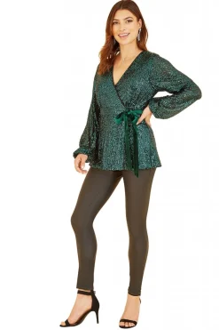 Blouses^Yumi Sequin Wrap Top With Velvet Tie Green