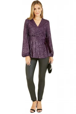 Blouses^Yumi Sequin Wrap Top With Velvet Tie Purple