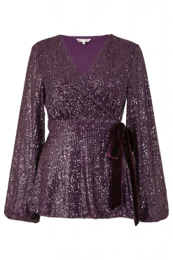 Blouses^Yumi Sequin Wrap Top With Velvet Tie Purple