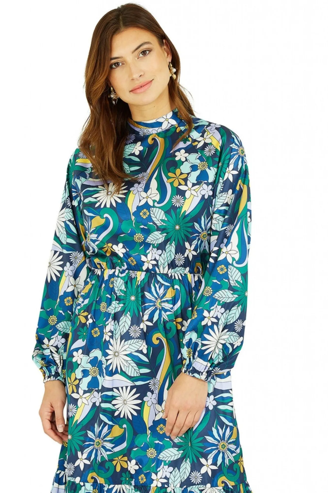 Midi Dresses^Yumi Seventies Floral Print High Neck Midi Dress Green