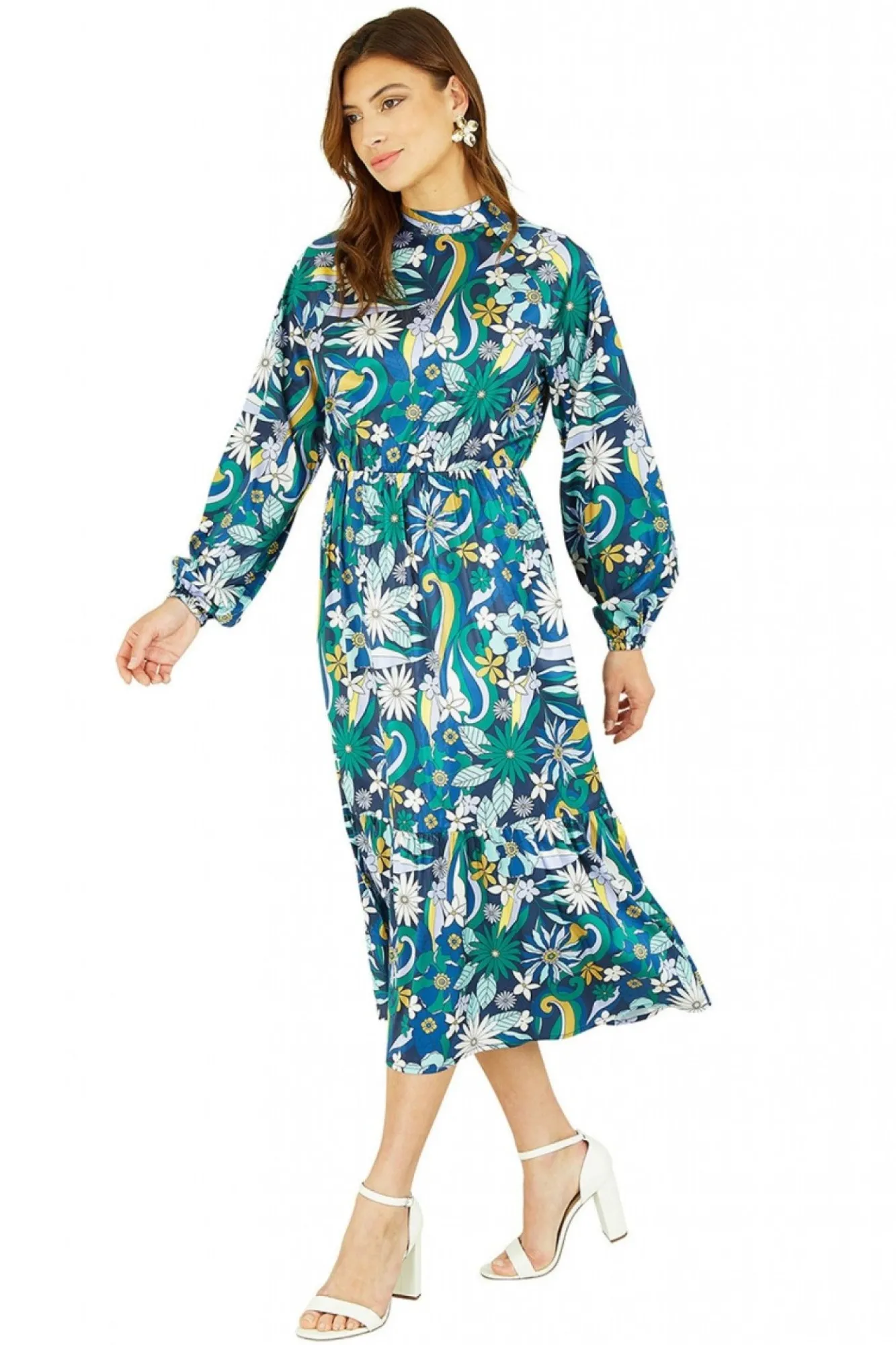 Midi Dresses^Yumi Seventies Floral Print High Neck Midi Dress Green