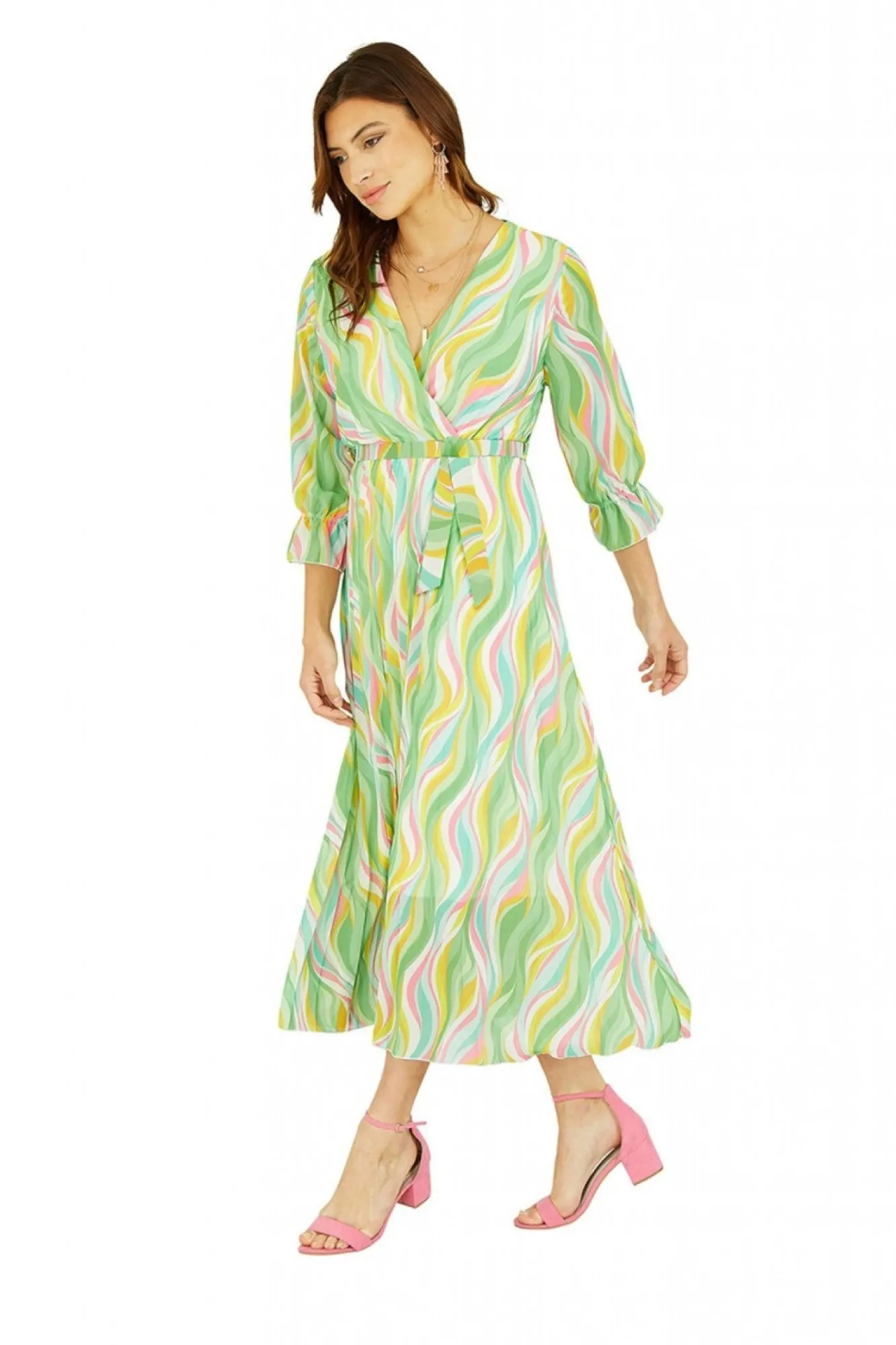 Midi Dresses^Yumi Swirl Print Pleated Dress With Belt Green