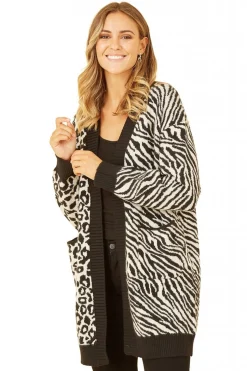Knitwear^Yumi Zebra And Leopard Print Knitted Intarsia Cardigan Black